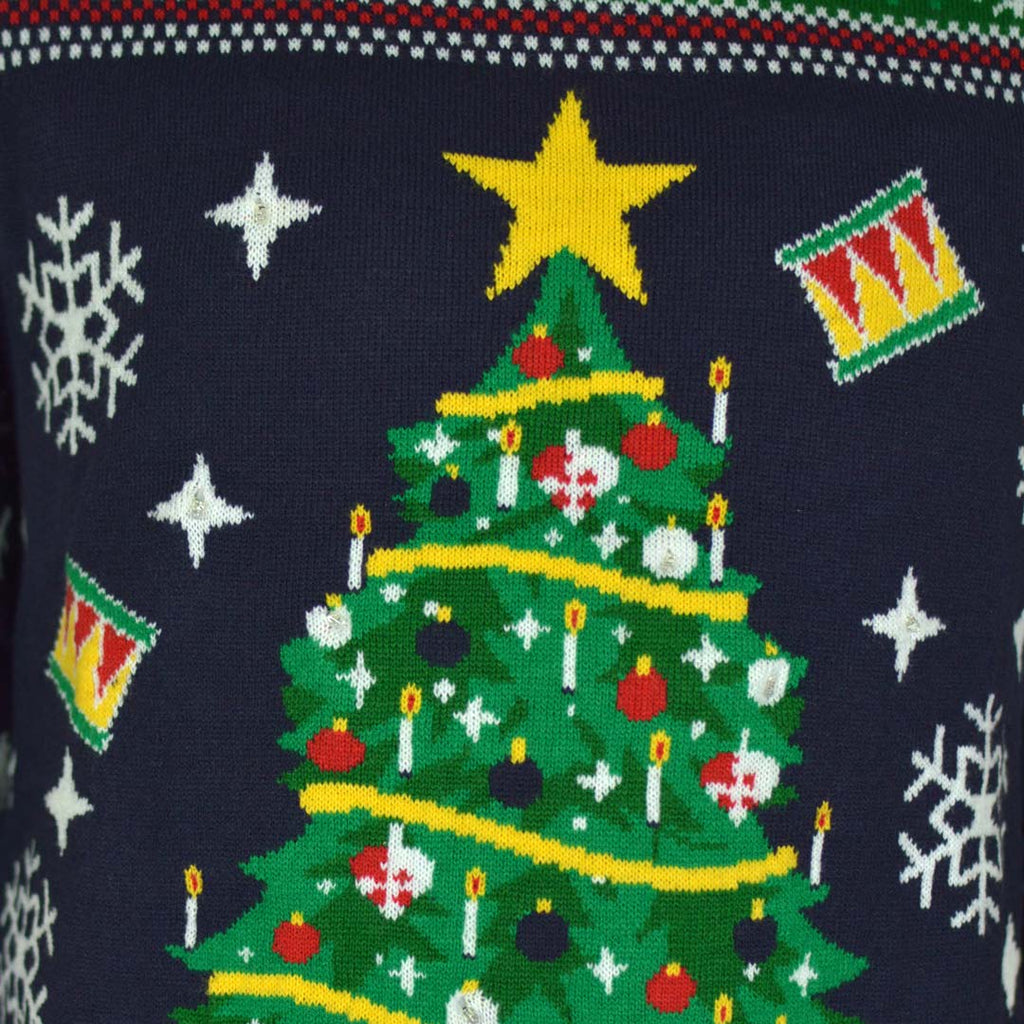 Camisola de Natal Azul com Luzes LED para Família Árvore de Natal Detalhe Neve