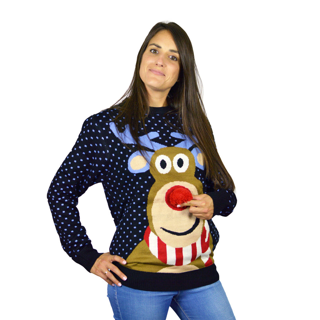 Camisola de Natal para Família Azul Rena com Nariz Vermelho 3D mulher