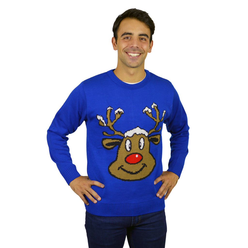 Camisola de Natal para Família Azul com Rena Sorridente Homem