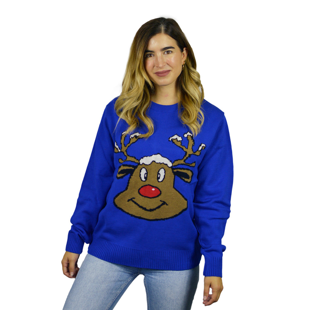 Camisola de Natal para Família Azul com Rena Sorridente Mulher