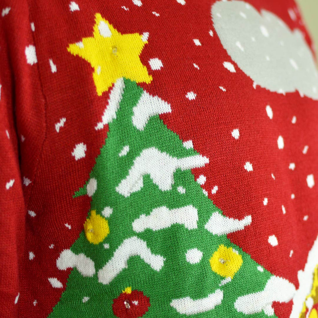 Camisola de Natal com Luzes LED Árvore e Casa Nevando Detalhe