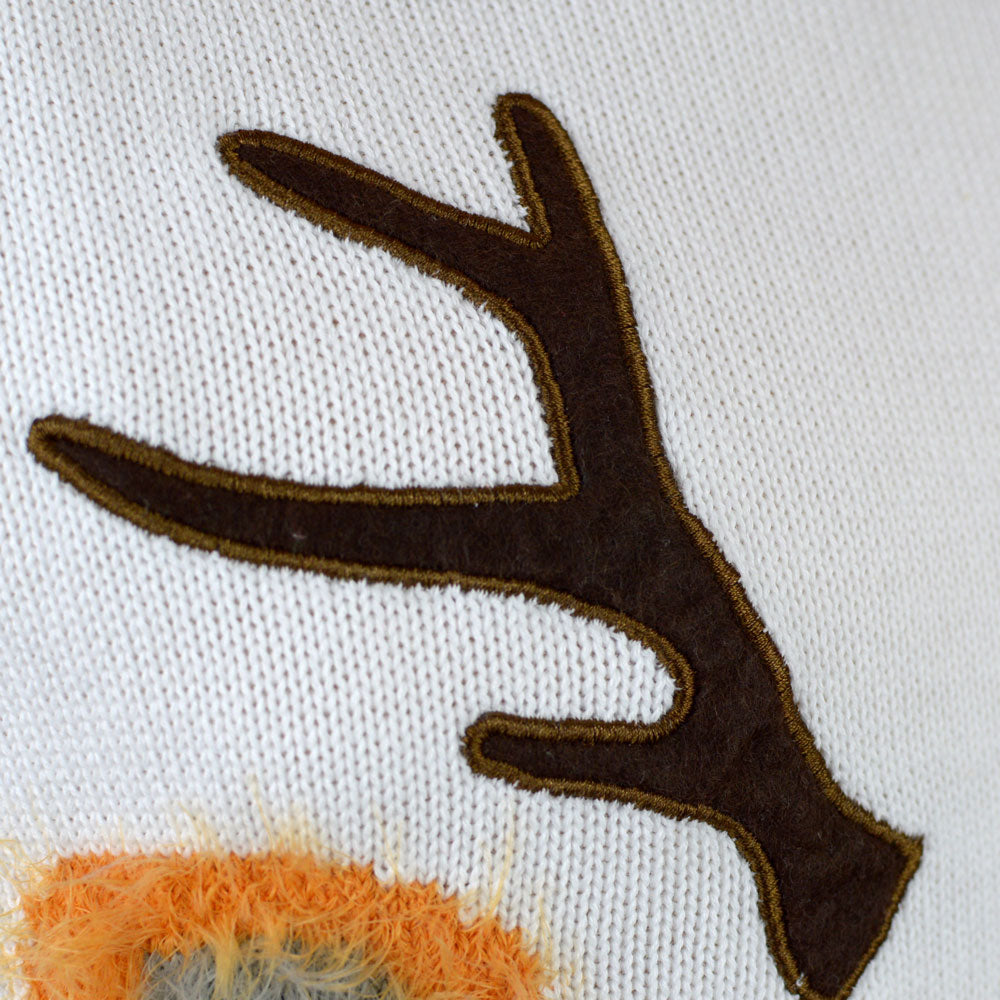 Detalhe Camisola de Natal Branca para Menina e Menino com Rena 3D Cabeludo