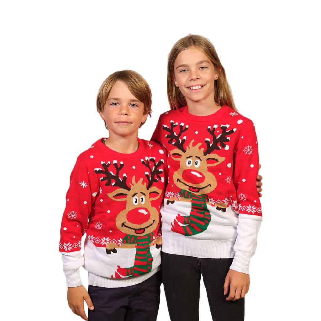 Camisola de Natal para Crianças Rena com Cachecol Algodão Orgânico Crianças