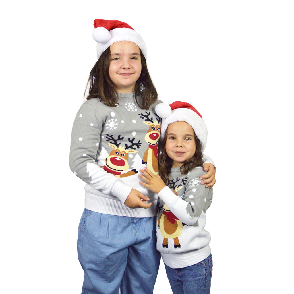 Camisola de Natal para Menina e Menino Cinza com Renas Cute Meninas