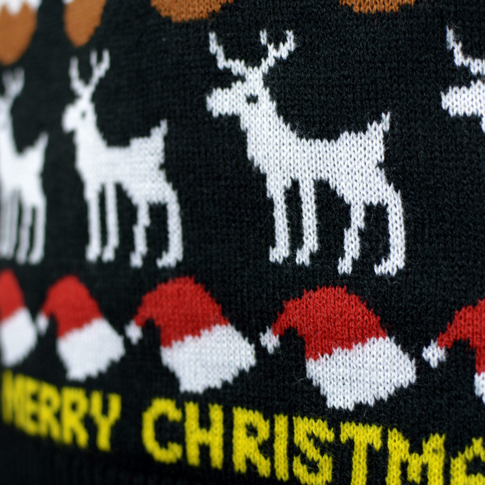 Camisola de Natal Preta com Árvores, Renas e Presentes Detalhe
