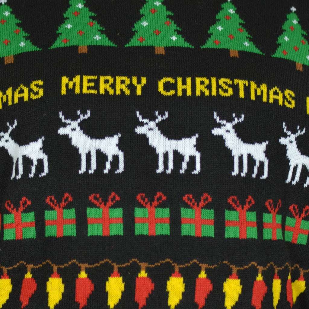 Camisola de Natal Preta com Árvores, Renas e Presentes Detalhe