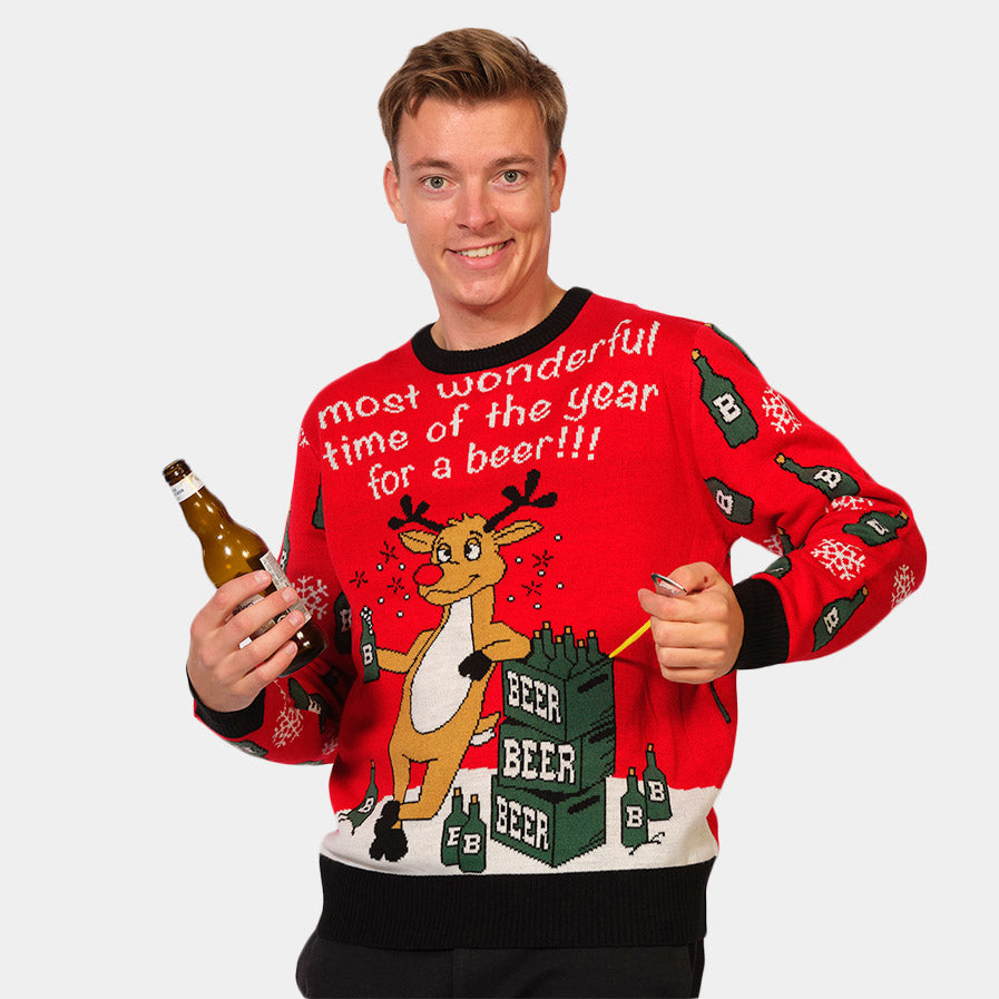 Camisola de Natal Rena com Abridor de Cerveja Homem