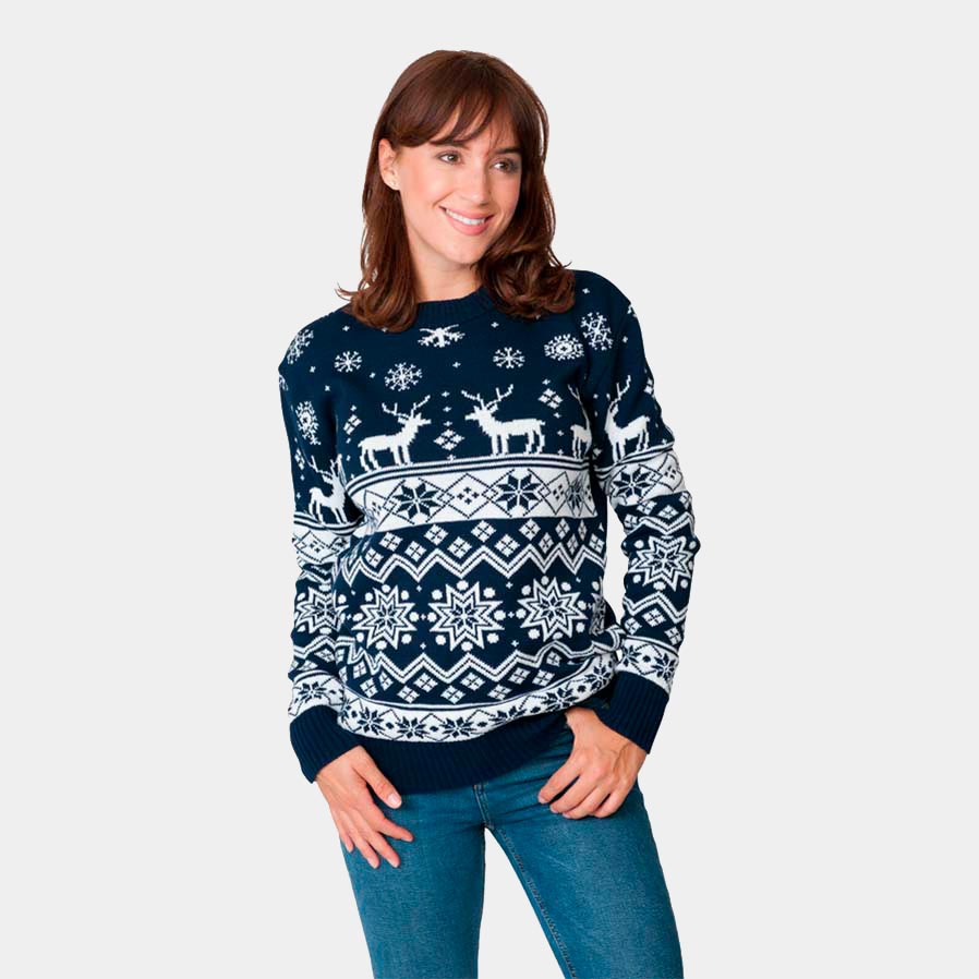 Camisola de Natal com Renas e Estrelas Azul Nordic 2021 Mulher