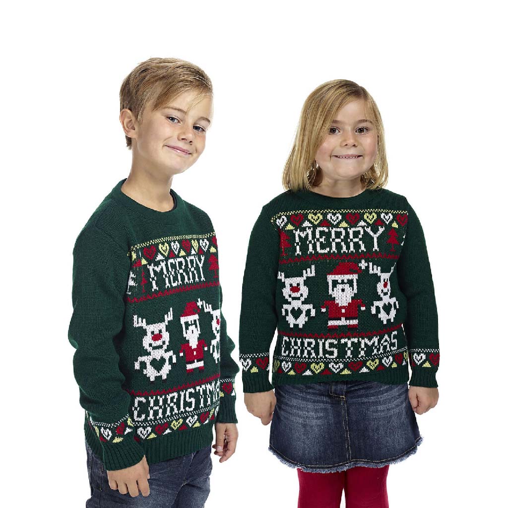 Camisola de Natal Verde para Criancas com Pai Natal e Rena