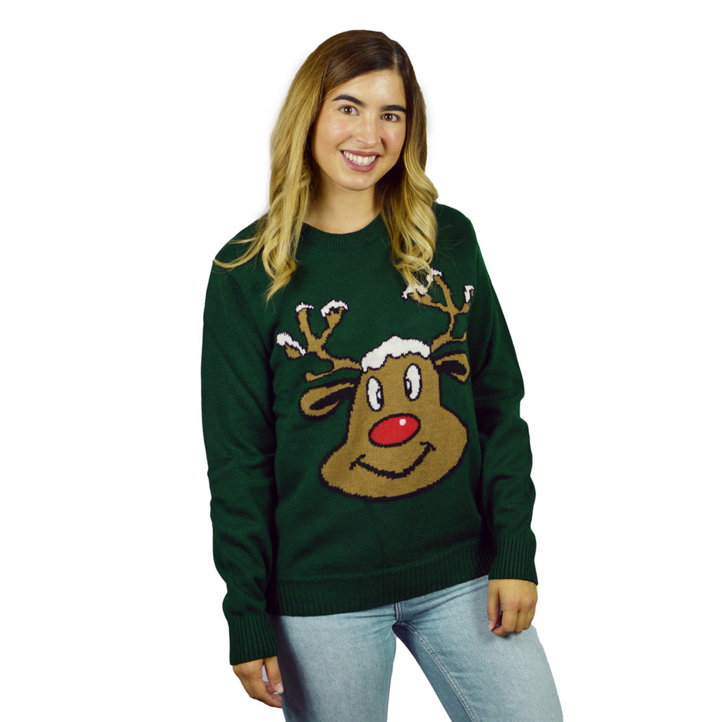 Camisola de Natal Verde para Família com Rena Sorridente Mulher