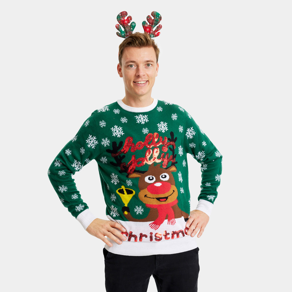 Camisola de Natal Verde Holly Jolly Lantejoulas Homem