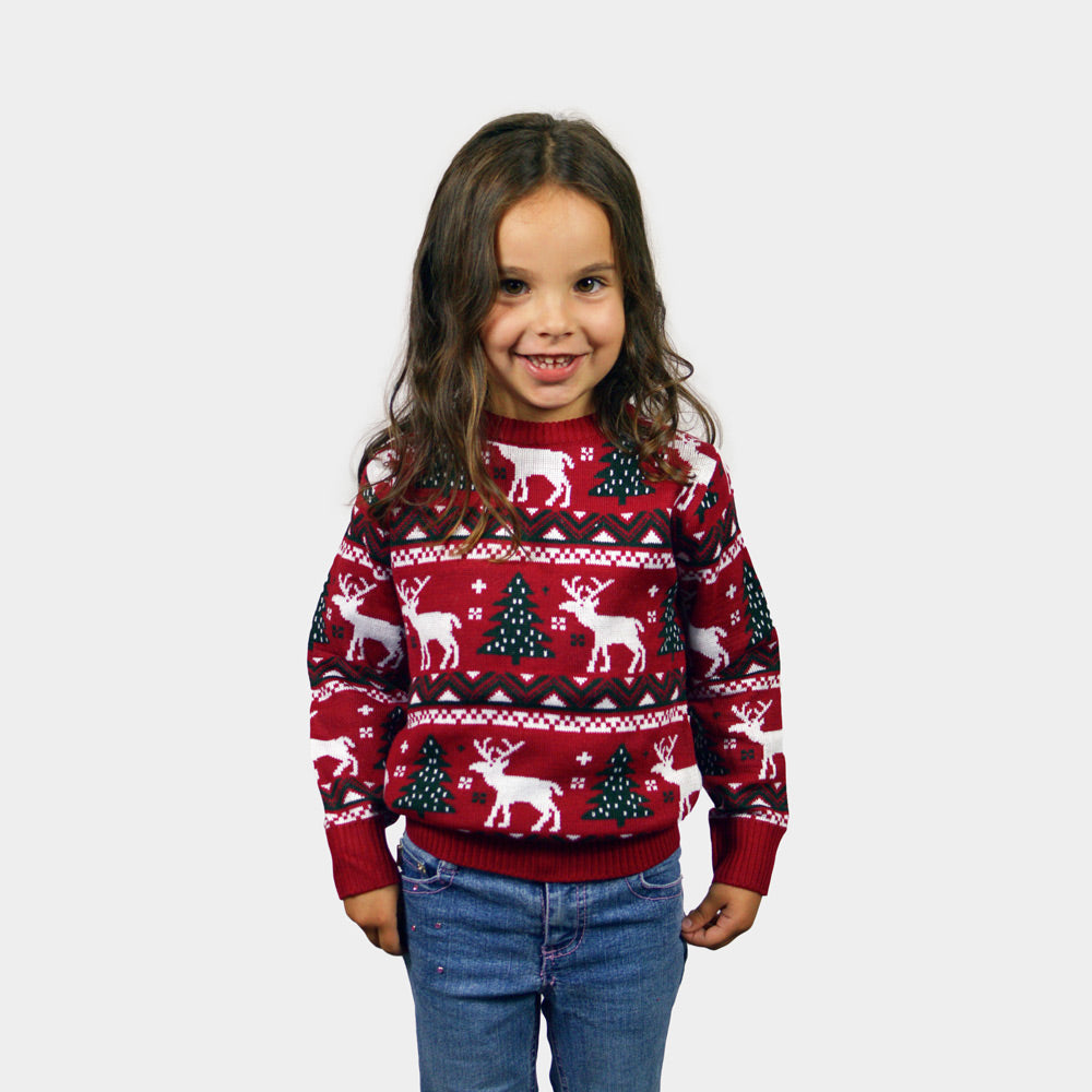 Camisola de Natal para Menina Vermelha com Árvores de Natal e Renas