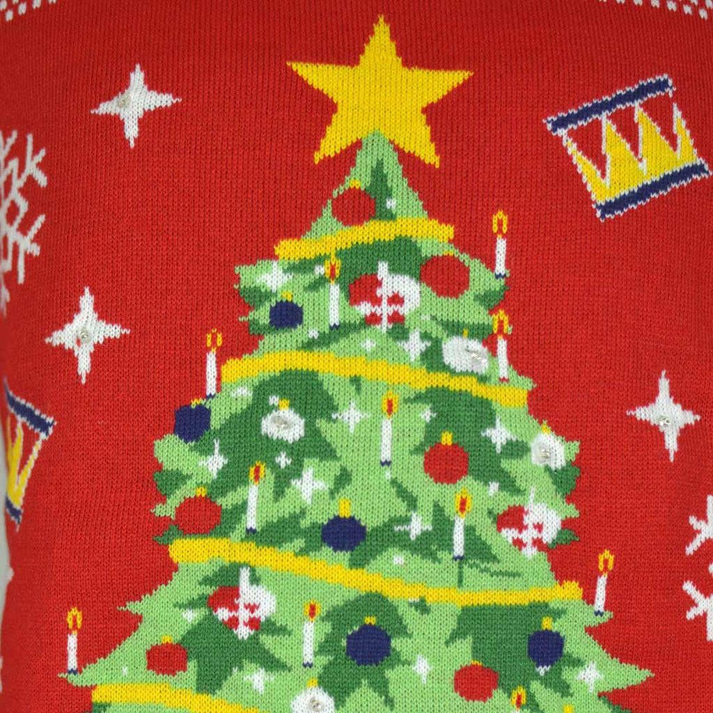 Camisola de Natal Vermelha com Luzes LED para Família Árvore de Natal Detalhe