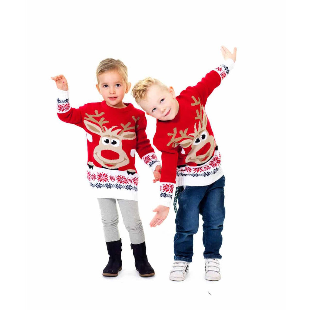 Camisola de Natal Vermelha para Família com Rena e Neve Menina e Menino