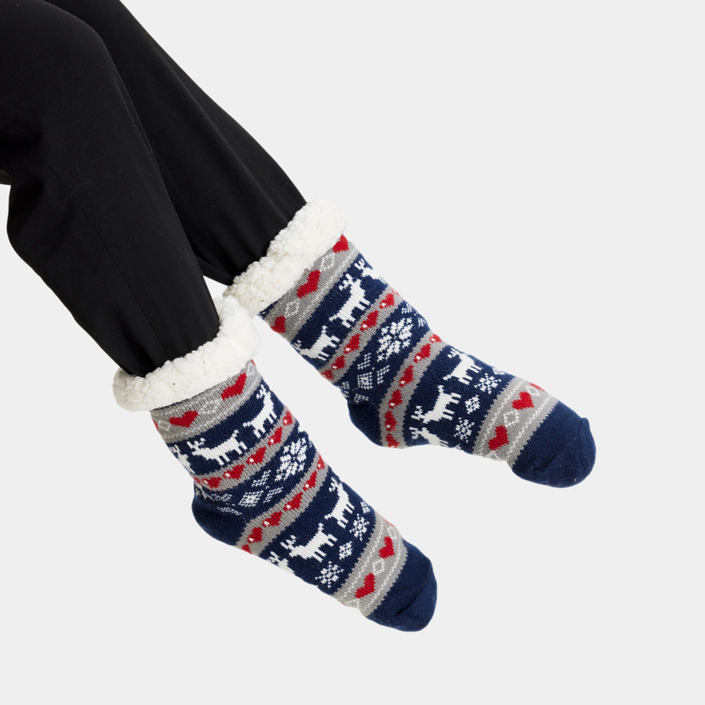 Meias de Natal Domésticos Azul com Renas e Corações Mulher e Homem