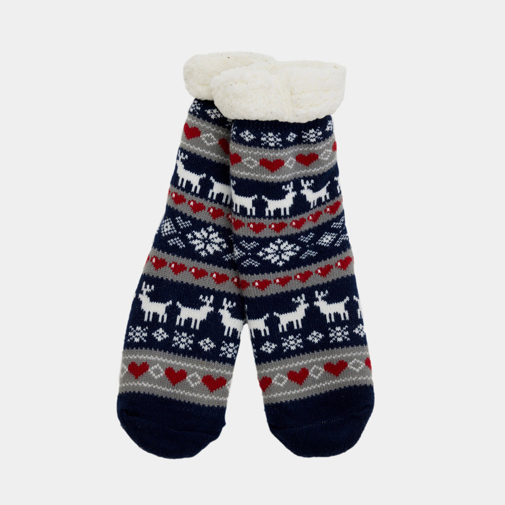 Meias de Natal Domésticos Azul com Renas e Corações