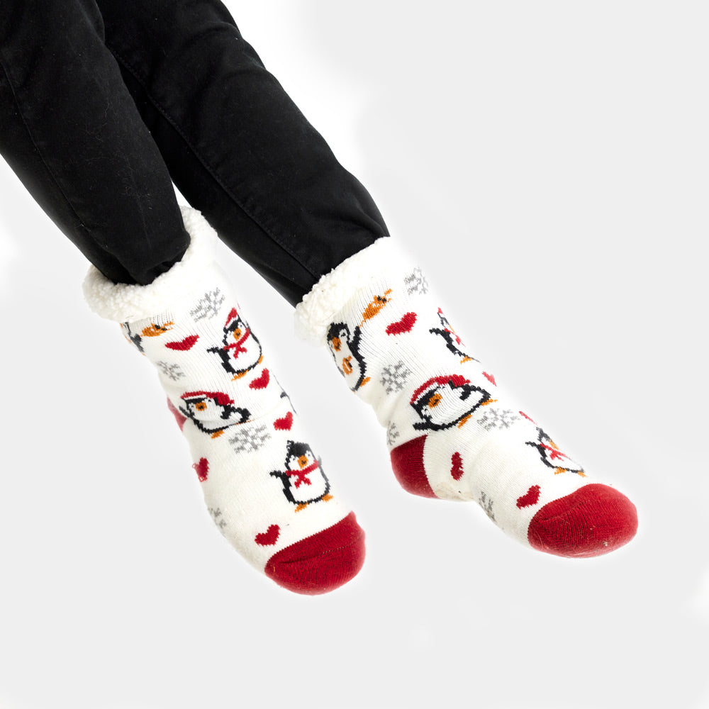 Meias de Natal Domésticos Brancas com Pinguins e Corações Homem e Mulher