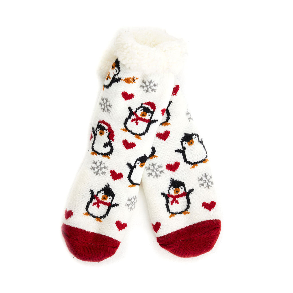 Meias de Natal Domésticos Brancas com Pinguins e Corações
