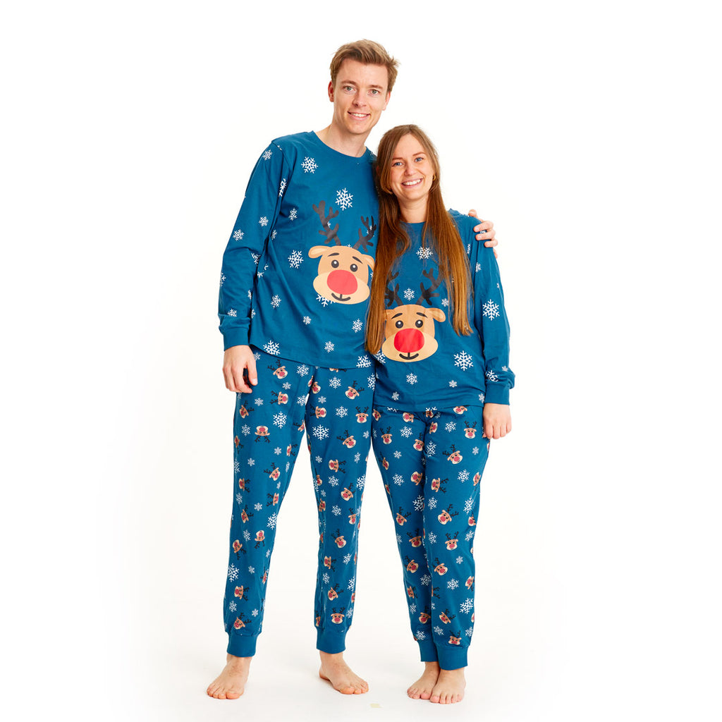 Pijama de Natal Familiar Azul com Rena Rudolph Casal