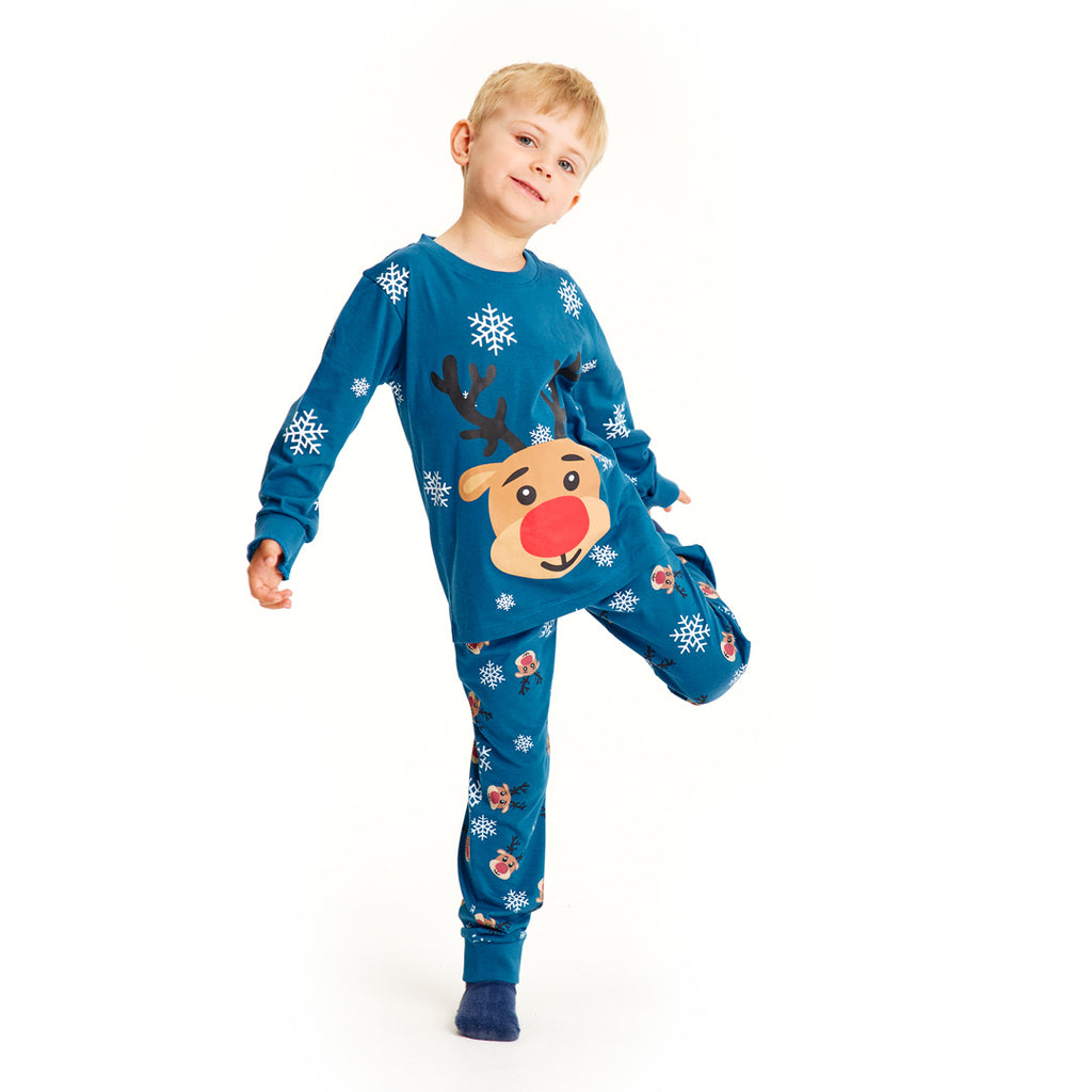 Pijama de Natal Familiar Azul com Rena Rudolph Crianças