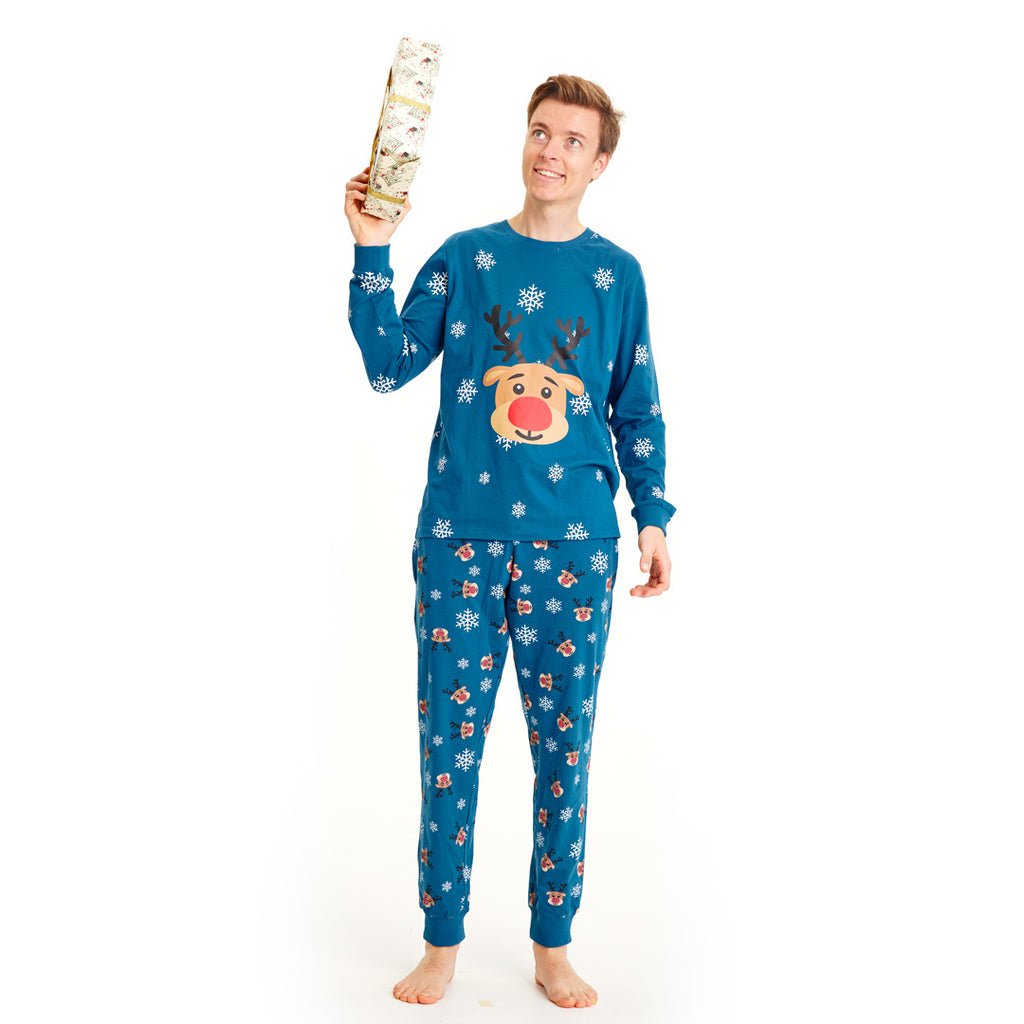 Pijama de Natal Familiar Azul com Rena Rudolph Homem