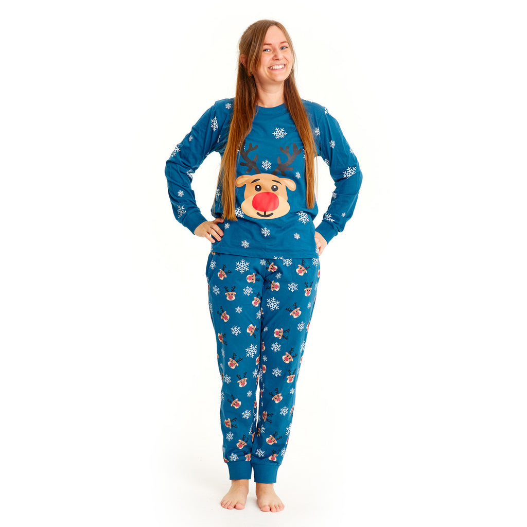 Pijama de Natal Familiar Azul com Rena Rudolph Mulher