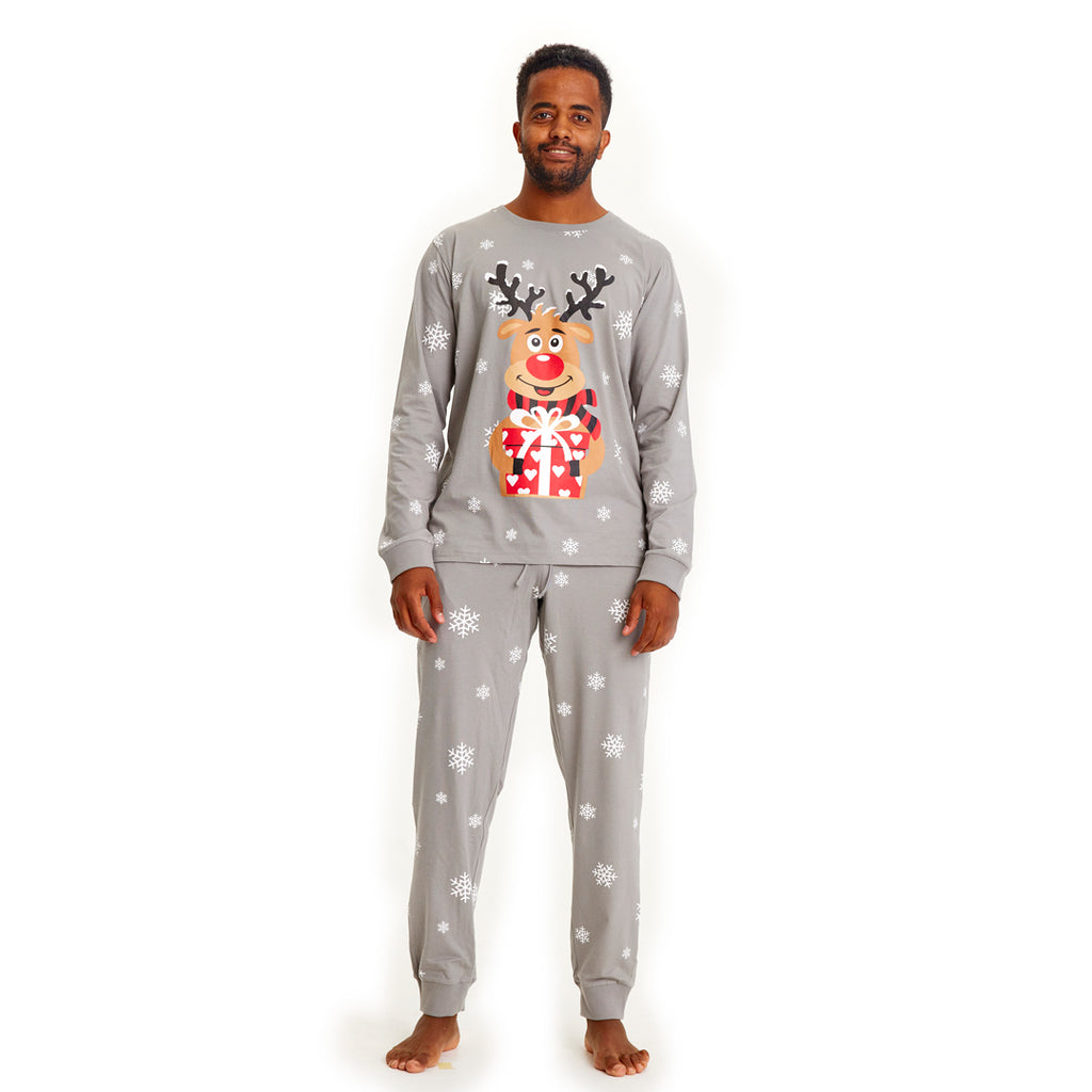 Pijama de Natal Familiar Cinza com Rena Rudolph Homem