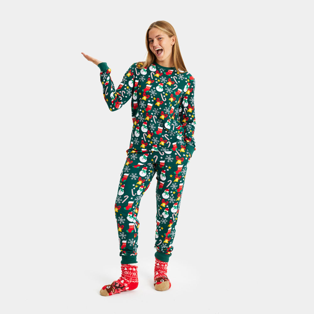Pijama de Natal Familiar Verde com Motivos Natalícios Mulher