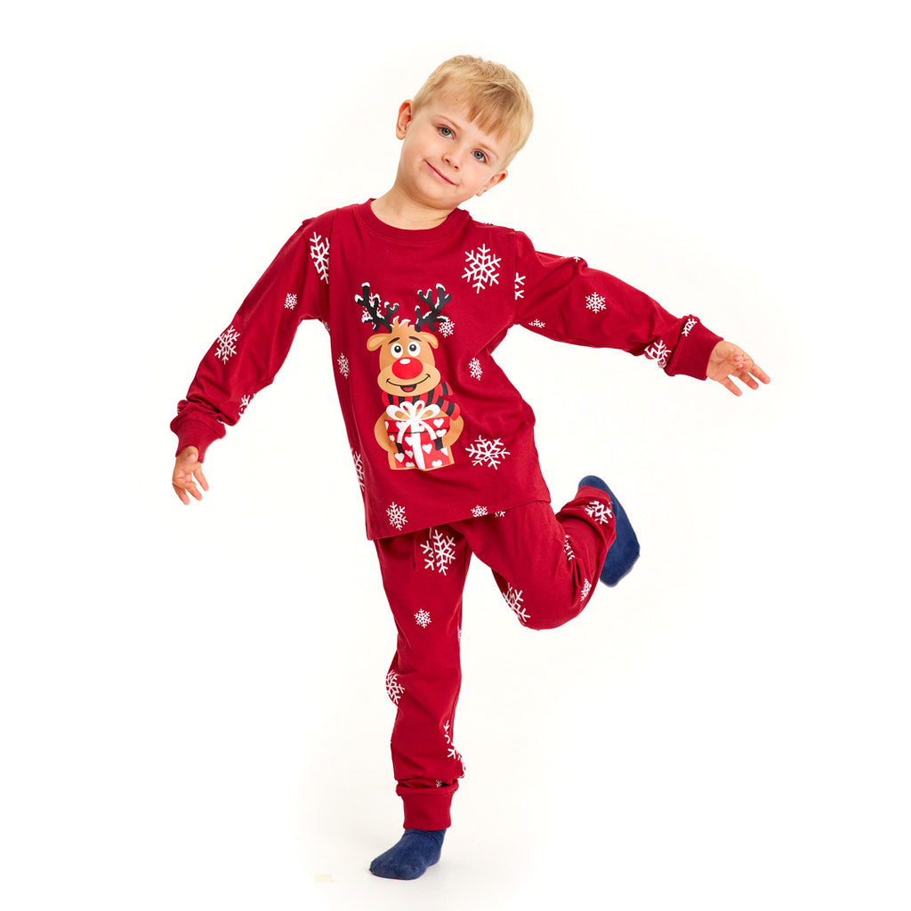 Pijama de Natal Familiar Vermelha com Rena Rudolph Crianças