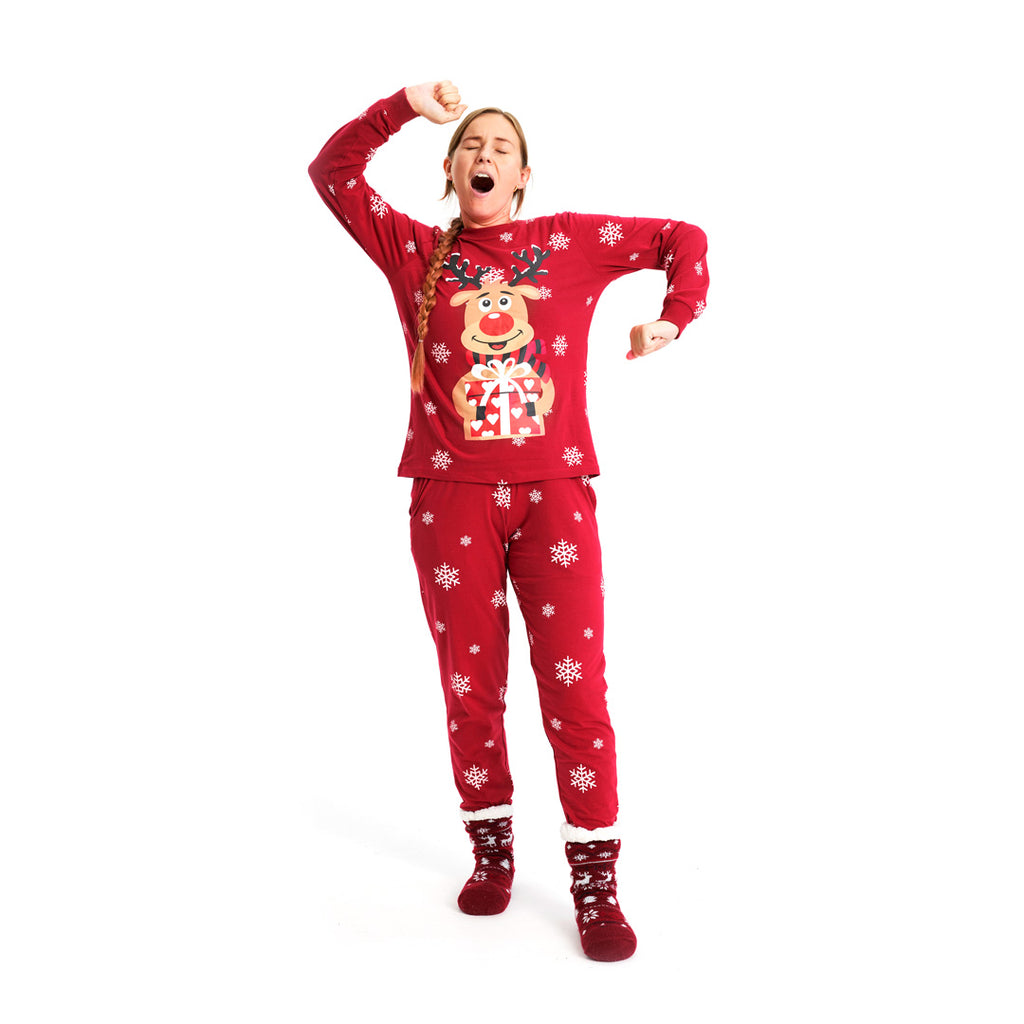 Pijama de Natal Familiar Vermelha com Rena Rudolph Mulher