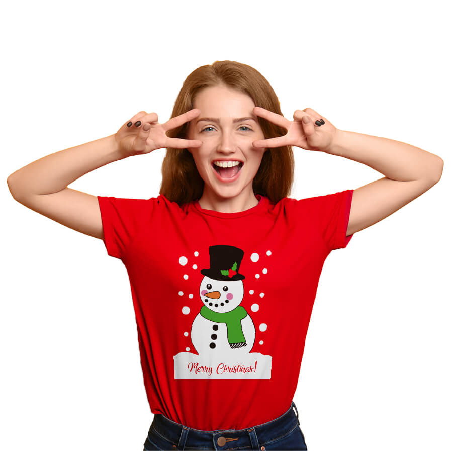 T-shirt de Natal Vermelha com Boneco de neve