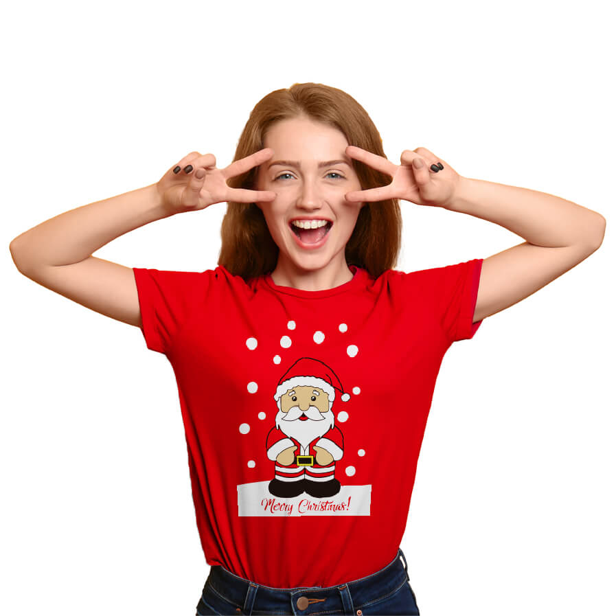 T-shirt de Natal Vermelha com Pai Natal Mulher