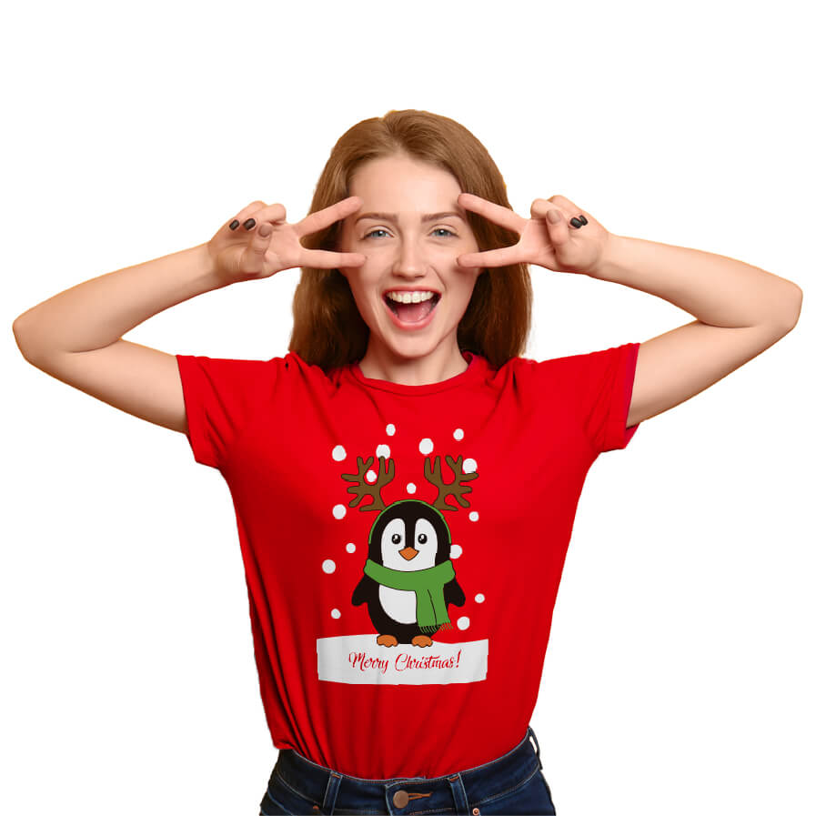 T-Shirt de Natal Vermelha com Pinguim Mulher