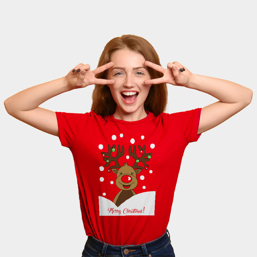 T-shirt de Natal Vermelha com Rena Rudolph Mulher