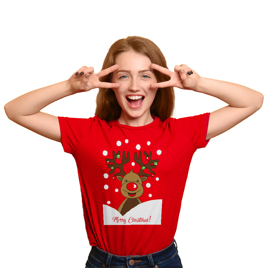 T-shirt de Natal Vermelha com Rena Rudolph Mulher